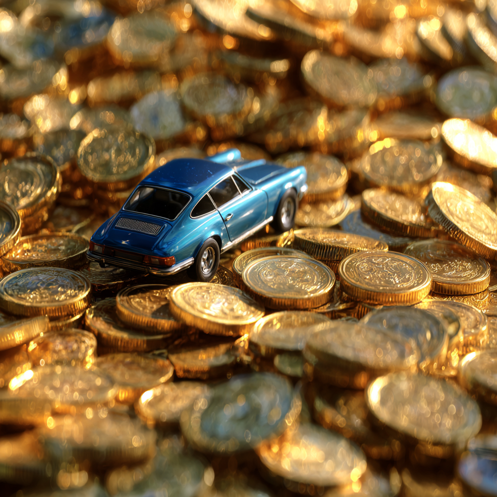 blue car among a lot of gold coin