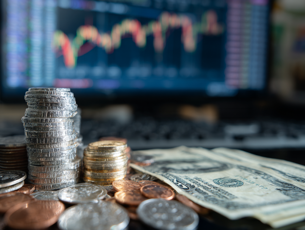 a lot of coin and notes front of a monitor